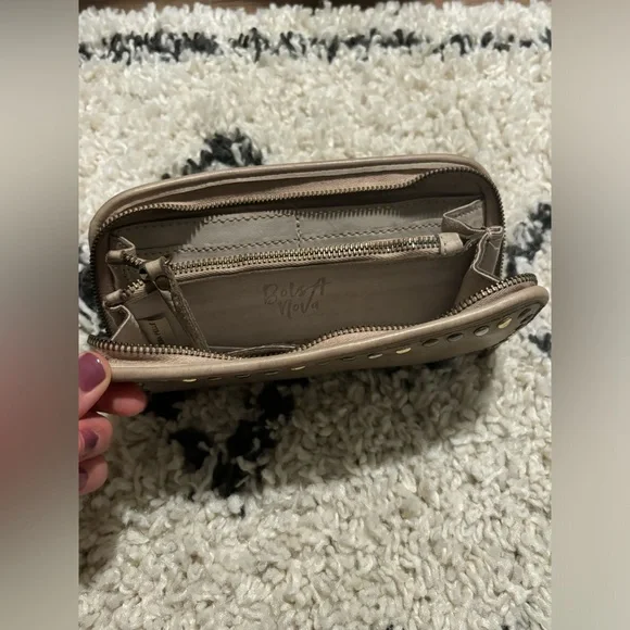 Bolsa Nova Sofia Wristlet Studded Italian Leather Wallet Taupe - Picture 3 of 7